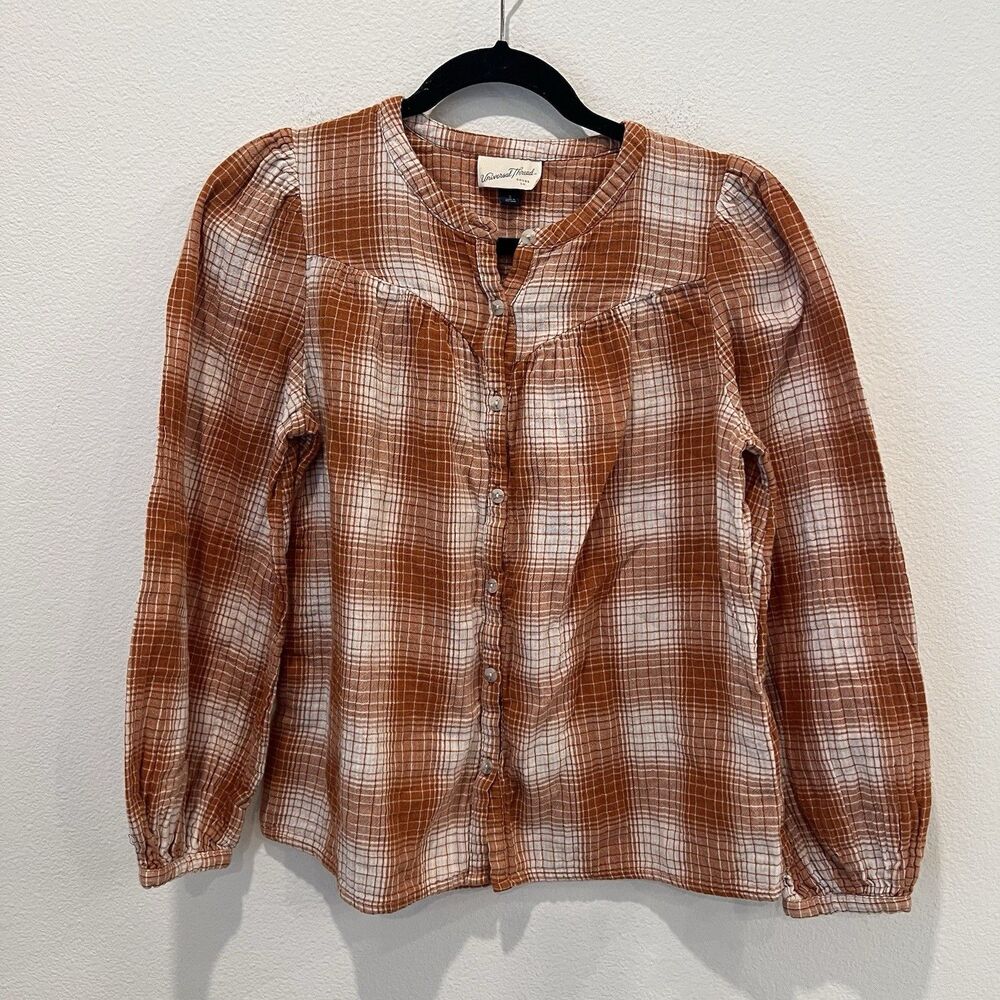 Universal Thread Shirt-Women's Orange Plaid Long Puff Sleeve-Hippie-Small